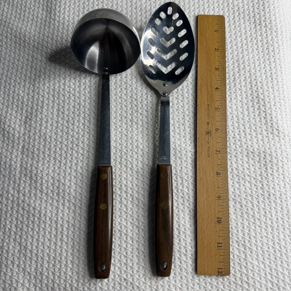 Vintage Stainless USA Kitchen Utensil Set Ladles Slotted Spoons Brown Black Wood